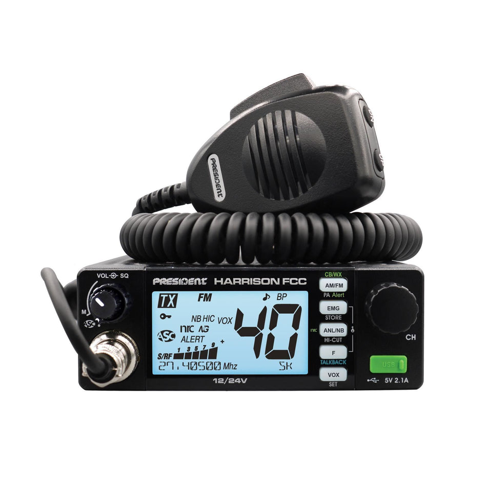 President Harrison FCC 40 Channel AM/FM 7 Color Display Mobile CB Radio