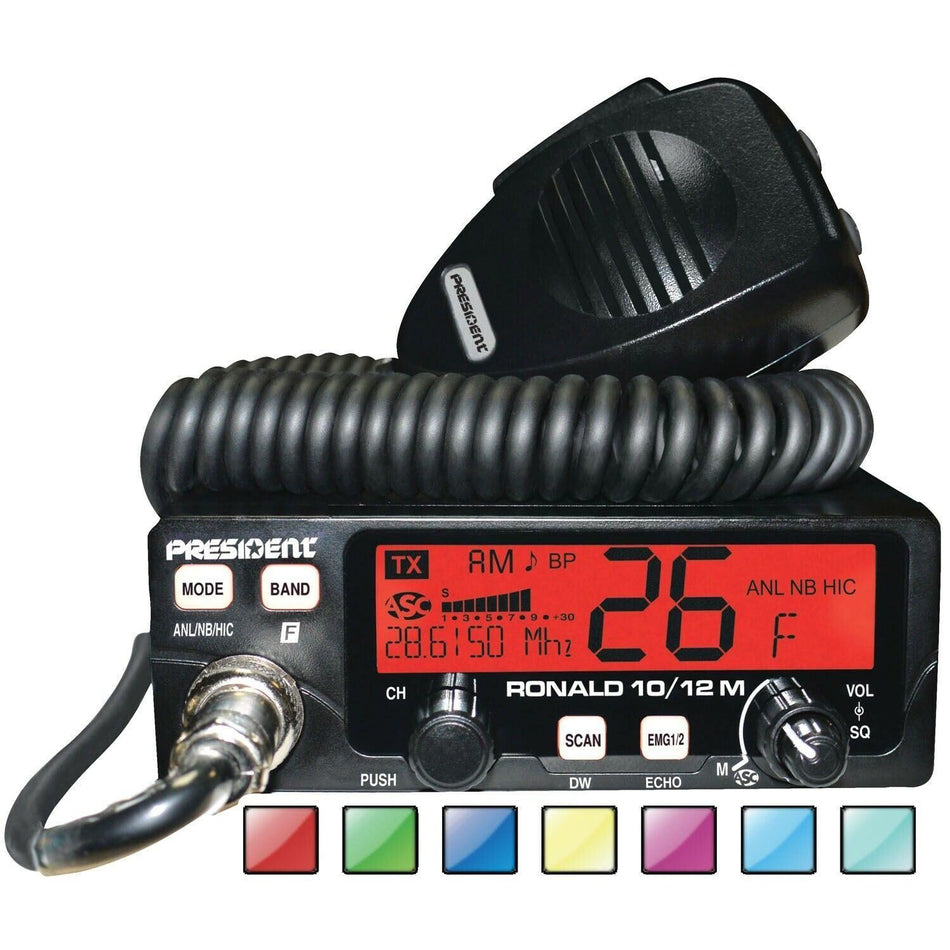 President Ronald 10 Meter Amateur Ham Transceiver AM/FM/PA 12 Volt 7 Color LCD