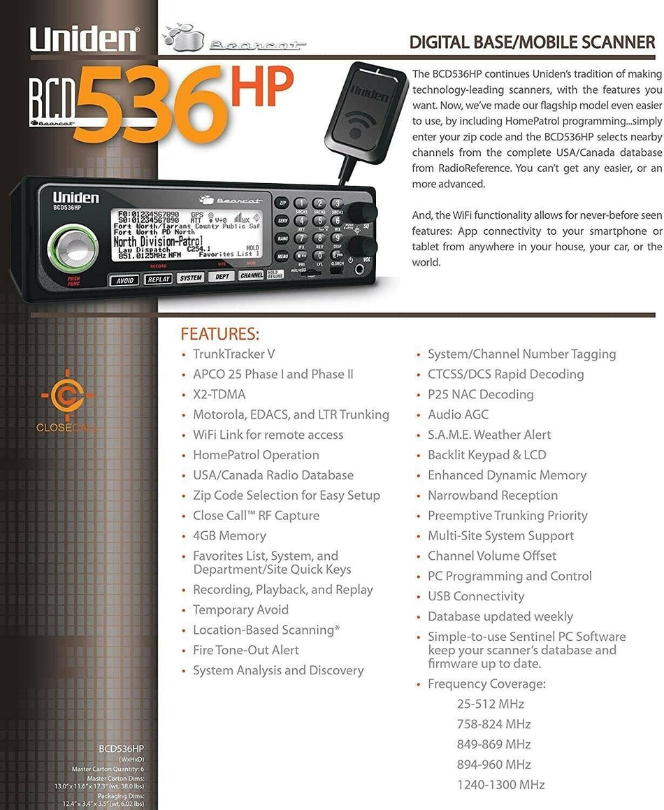 Uniden BCD536HP Mobile/Base Self Program Digital Police Scanner Trunking Wi-Fi