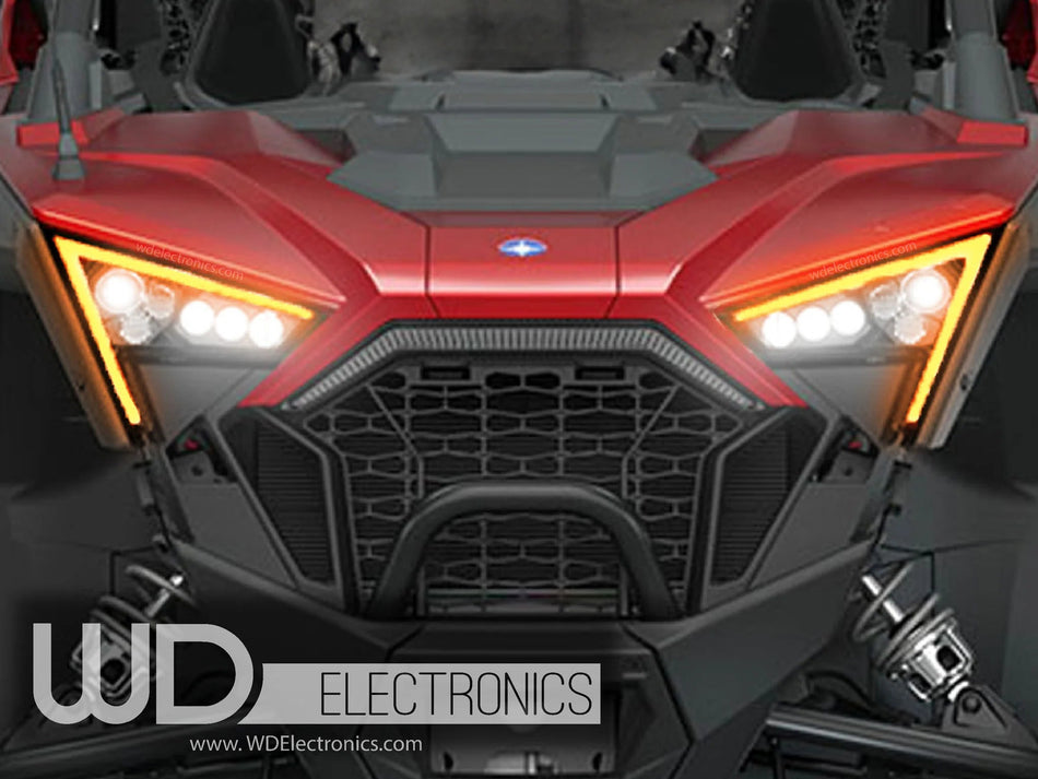 WD Electronics TSK-1925 amber turn signal headlights installed on Polaris RZR Pro