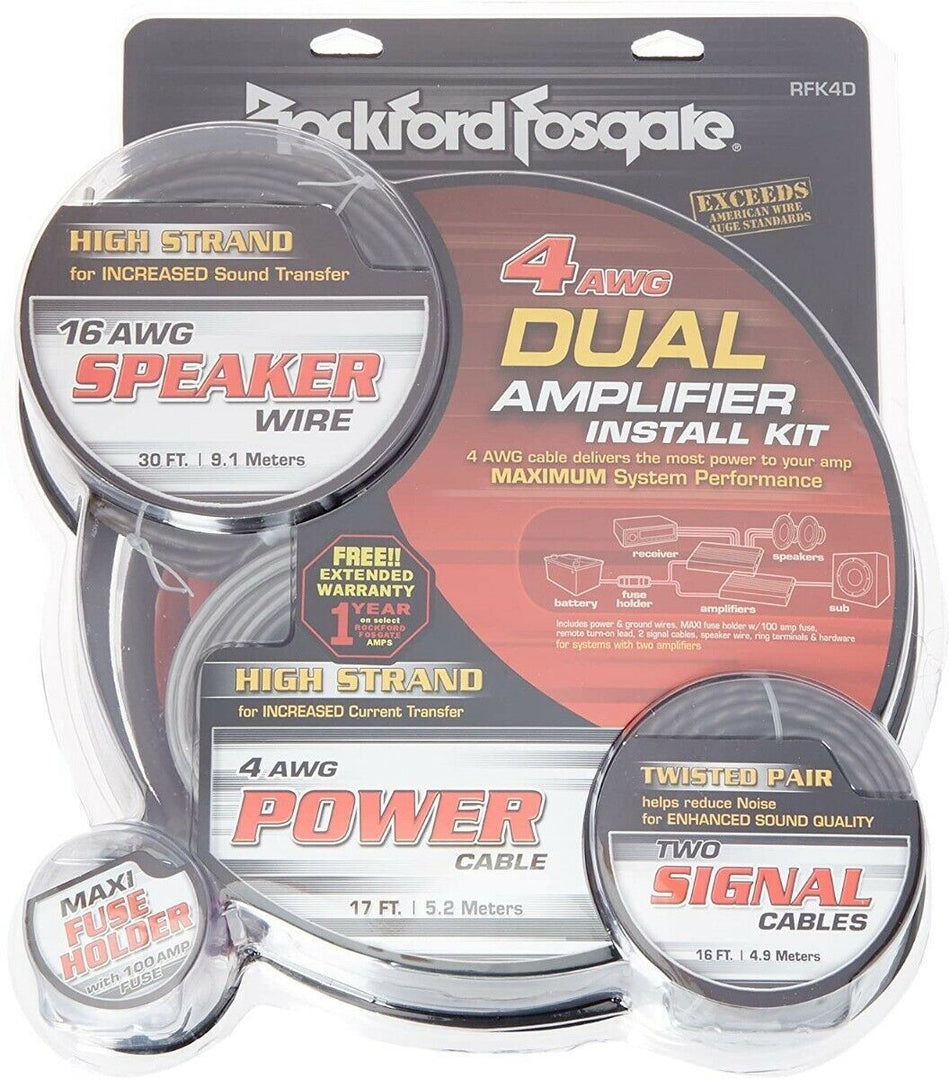 Rockford Fosgate RFK4D 4 AWG Complete Dual Amp Installation Kit Full Spec Cable