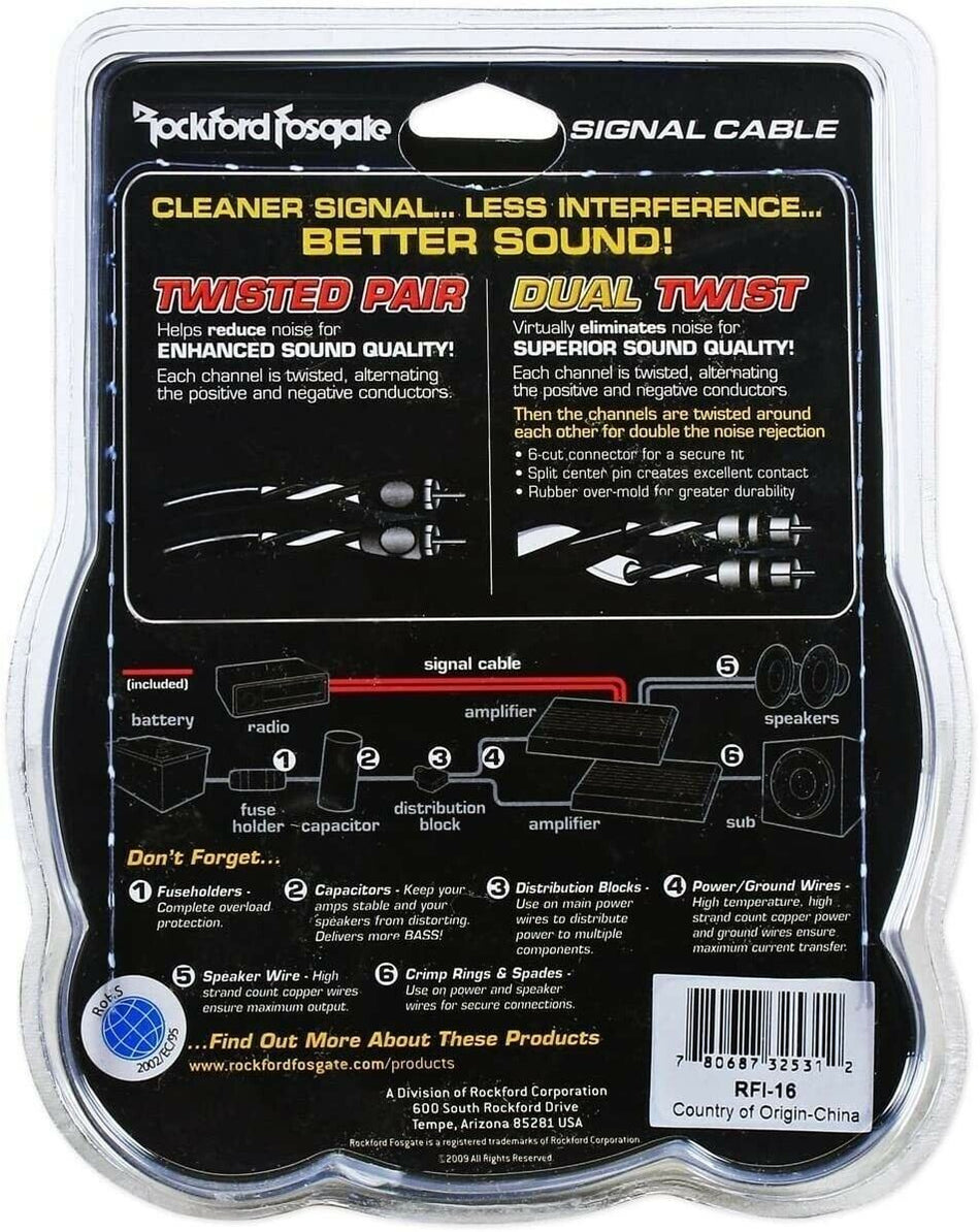 Rockford Fosgate RFI-16 Twisted Pair Signal Cable 16' (4.8 Meters) RCA Cable