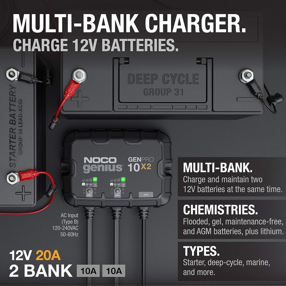 NOCO GENPRO10X2 2-Banks Battery Charger 20-Amp Fully Automatic Battery Maintainer & Desulfator