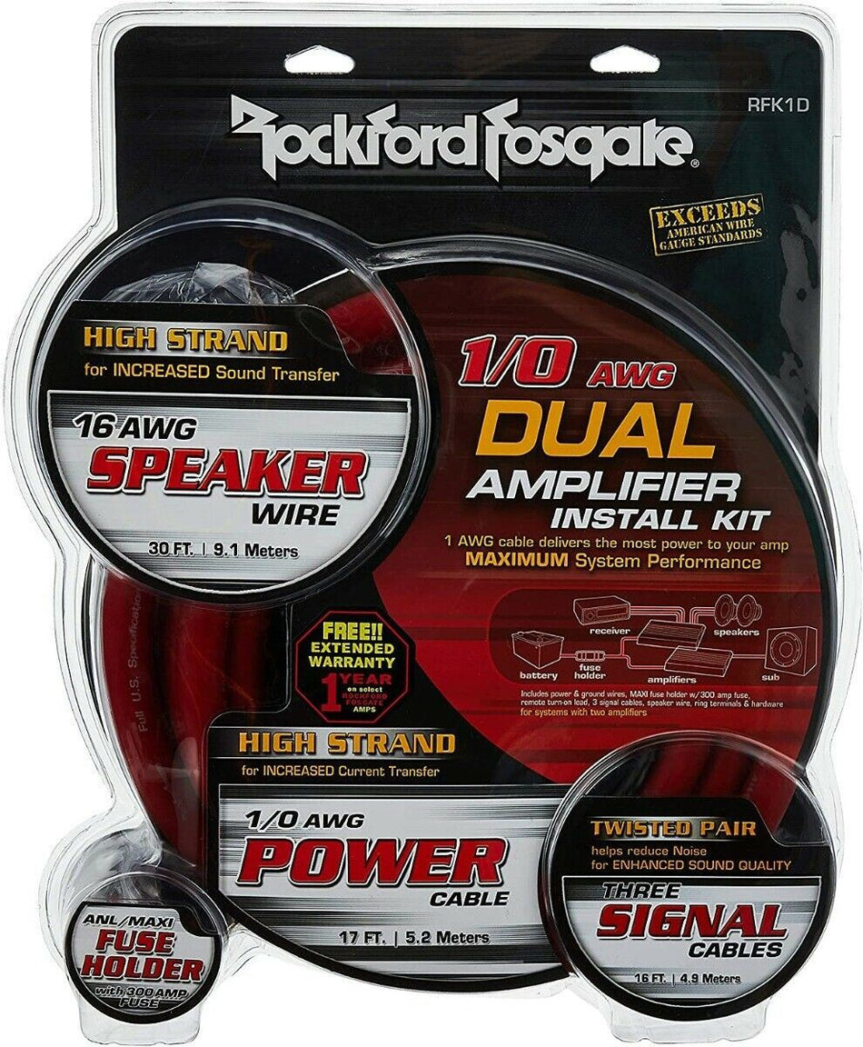 Rockford Fosgate RFK1D Dual Amp 1/0 AWG Complete Wiring Kit for Two Amplifiers