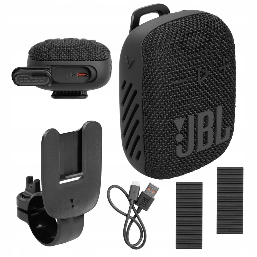 JBL Wind 3S black speaker with handlebar mount accessories