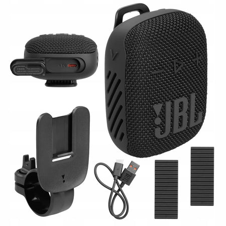 JBL Wind 3S black speaker with handlebar mount accessories