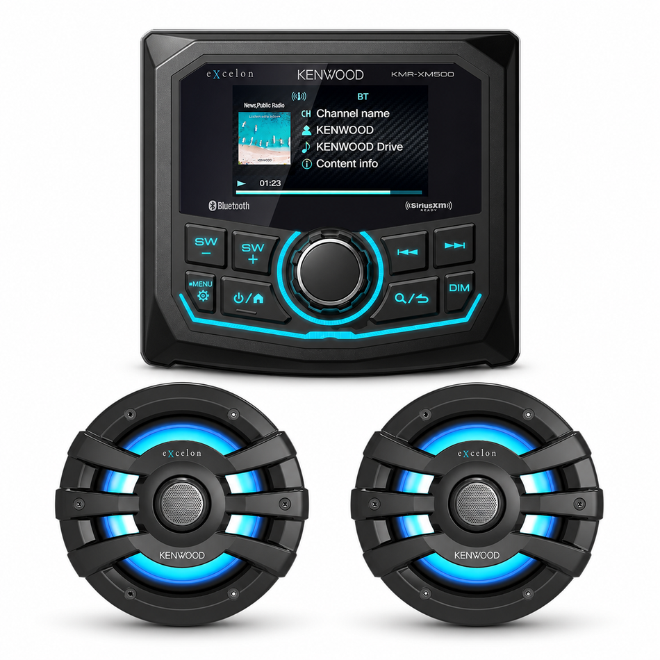 Kenwood XM500-65BL KMR-XM500 Marine Receiver & XM65BL Speaker Package complete bundle contents