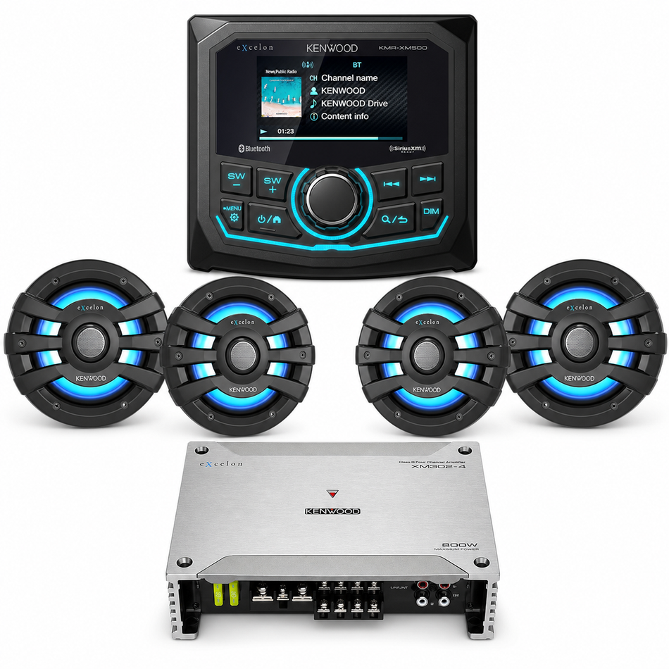 Kenwood XM500-65BL2A Marine Receiver, 4-Speaker & Amplifier Package complete bundle contents