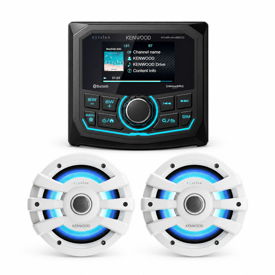 Kenwood XM500-77WL KMR-XM500 Marine Receiver & XM77WL Speaker Package complete bundle contents