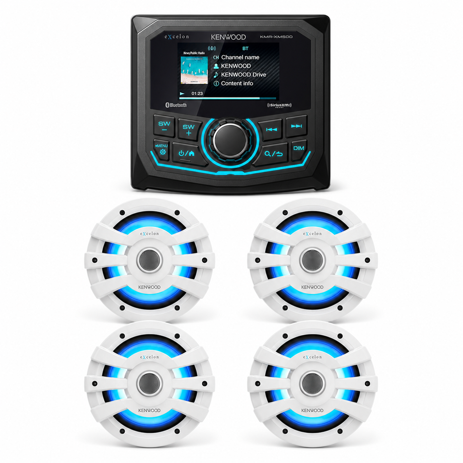 Kenwood XM500-77WL2 KMR-XM500 Marine Receiver & 4 XM77WL Speaker Package complete bundle contents