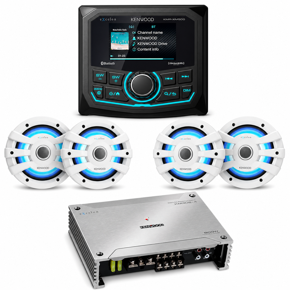 Kenwood XM500-77WL2A Marine Receiver, 4-Speaker & Amplifier Package complete bundle contents