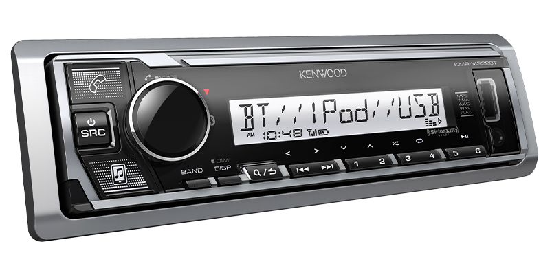 Kenwood KMR-M332BT angled view; manufacturer model image