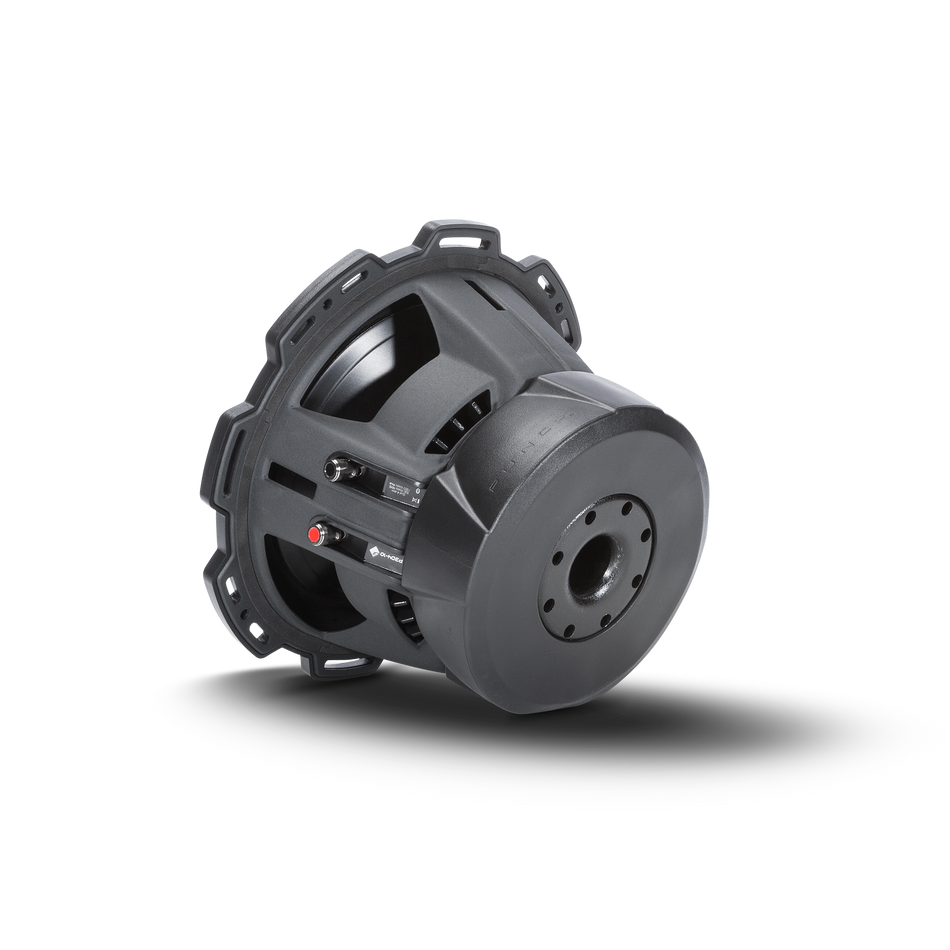 Rockford Fosgate P3D4-10 rear view showing motor basket and terminals