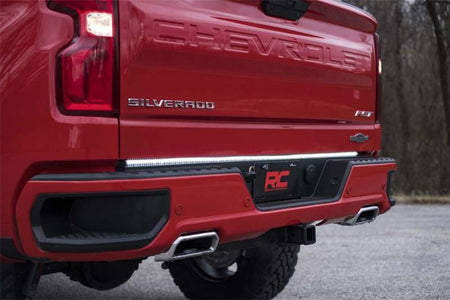 Close view of Rough Country tailgate LED strip above rear bumper