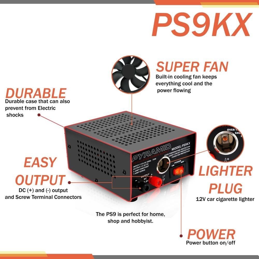 cigarette lighter output amps Pyramid PS-9KX 5 Amp Bench Power Supply w/Cigarette DC Lighter Plug